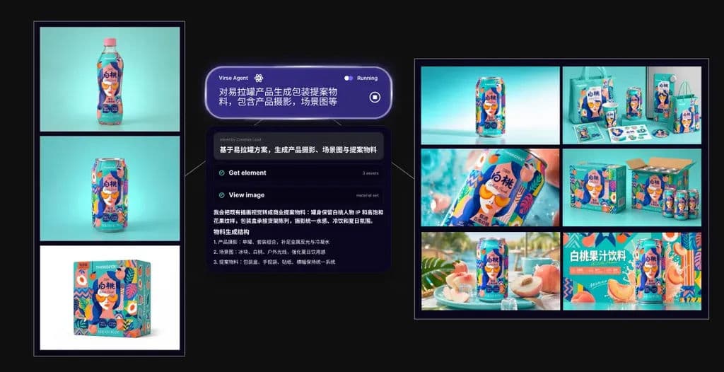 A can product connected to an Agent generating packaging assets: product photography, scene shots and video