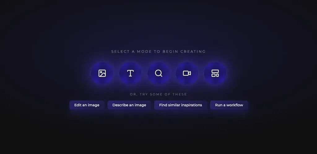 The canvas mode picker offering Edit an image, Describe an image, Find similar inspirations and Run a workflow