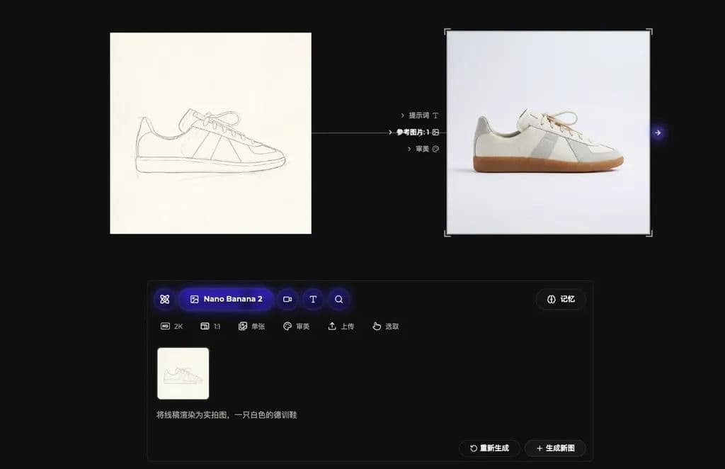 The generated result: the line-art sketch rendered as a photographic white sneaker